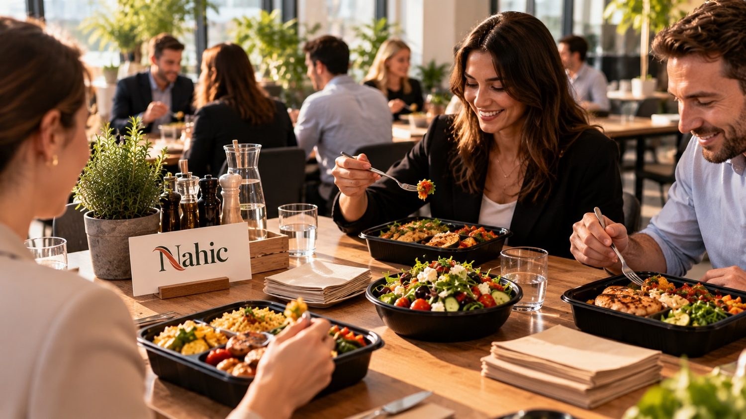 Mitarbeiter beim gemeinsamen Mittagessen mit Nahic-Gerichten