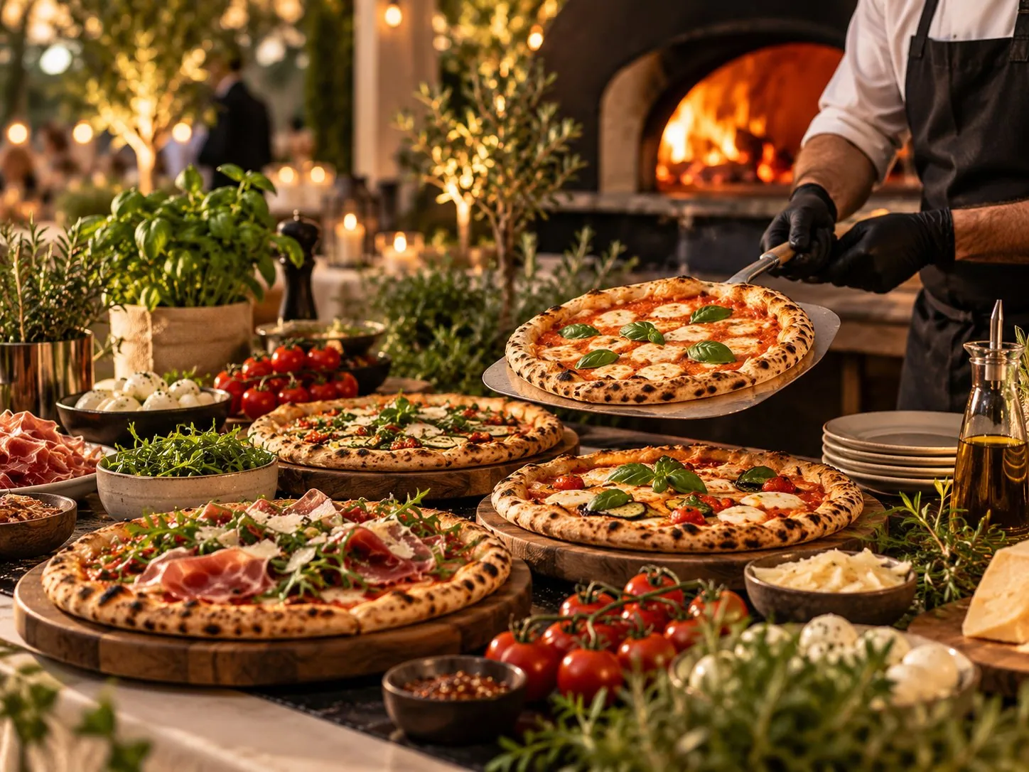 Neu gestaltete Pizza-Catering-Szene mit frisch gebackenen Pizzen und Zubereitung vor Ort