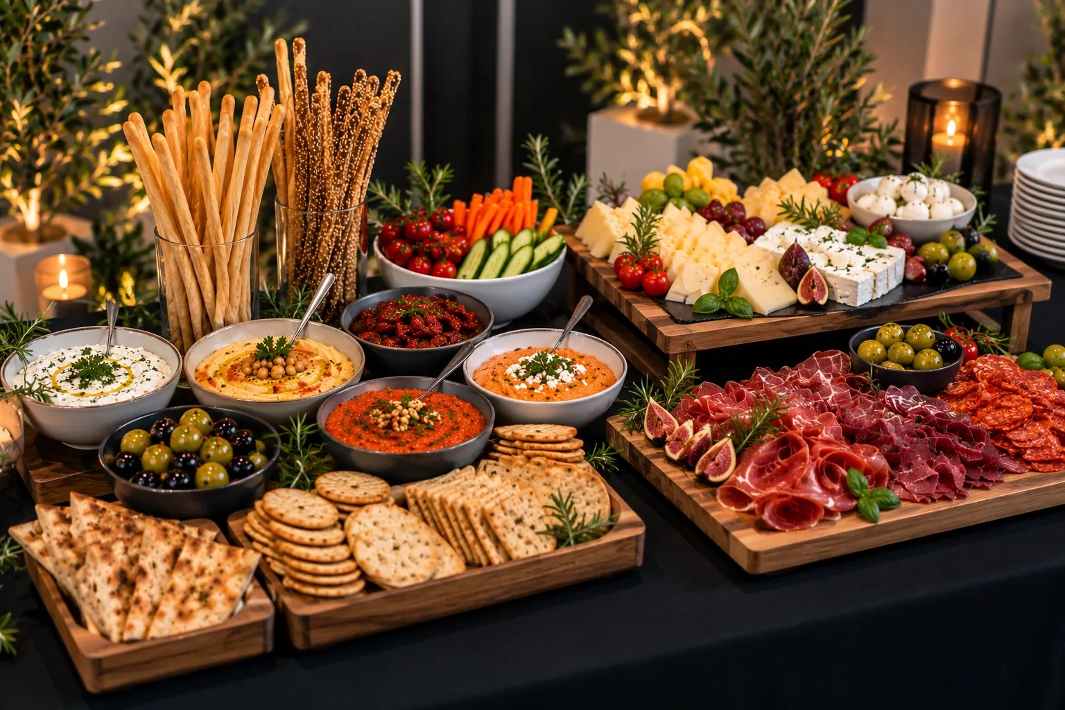 NAHIC Antipasti-Paket: Käse, Aufschnitt, Gemüse, Oliven, Dips und Brotgebäck auf dem Buffet