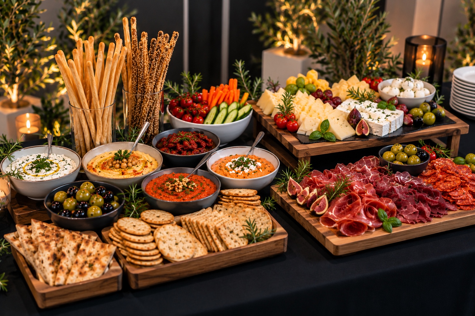 Nahic Antipasti-Paket: Käse, Aufschnitt, Gemüse, Oliven, Dips und Brotgebäck auf dem Buffet