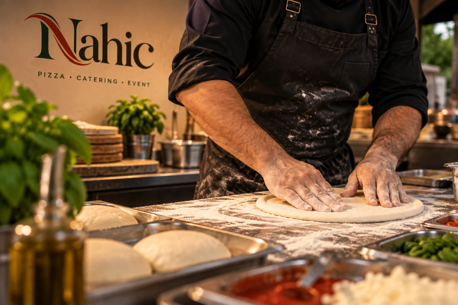 Pizzateig bei der handwerklichen Zubereitung